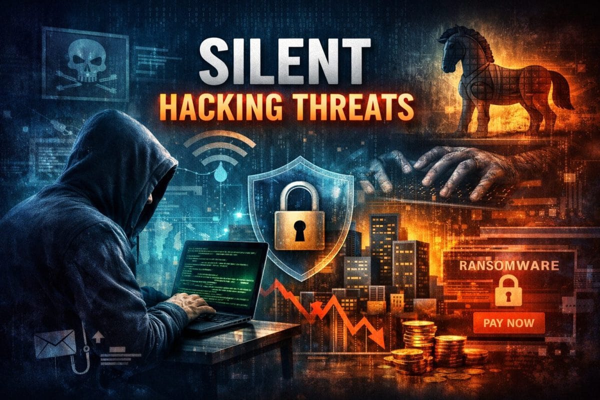 Digital illustration showing a hooded hacker performing Silent Hacking attacks against small businesses, with glowing screens, padlock icons, and data streams symbolizing invisible cyber threats.