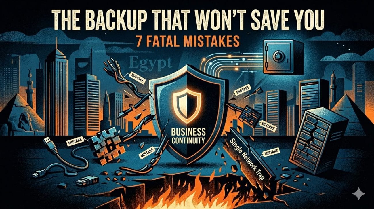 A graphic illustration showing a protective shield with "BUSINESS CONTINUITY" text in front of an Egyptian skyline, deflecting ransomware attacks and broken data blocks. This visual highlights the consequences of common backup mistakes that can threaten an organization's operations. Text in the sky reads: "THE BACKUP THAT WON'T SAVE YOU: 7 FATAL MISTAKES."